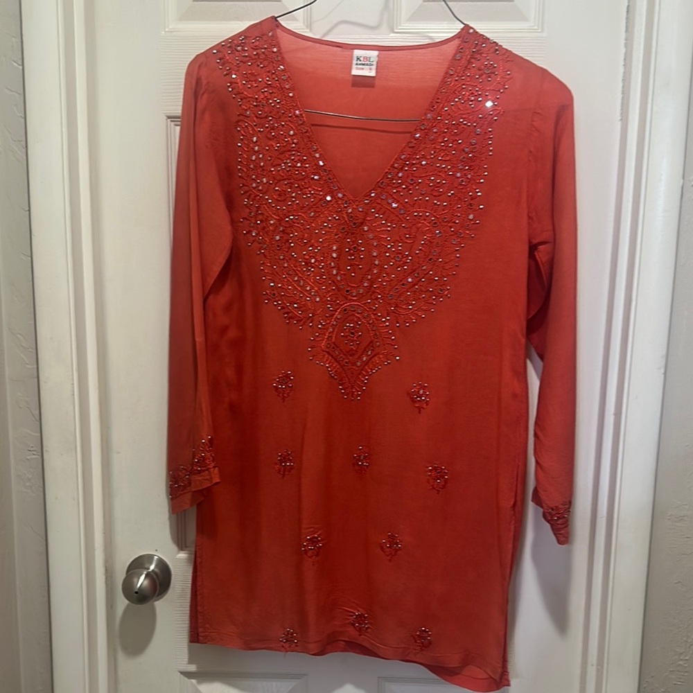 Red Long-Sleeved Top with Rhinestone Details